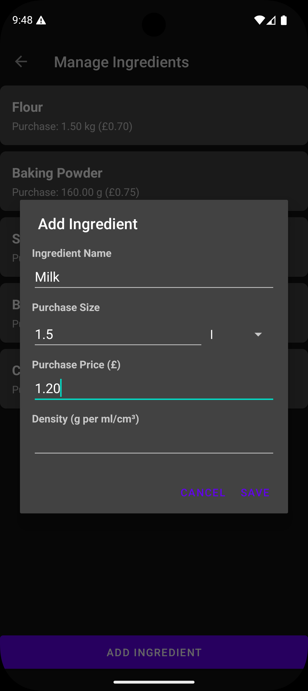 Baker's Calculator manage ingredients screen with add ingredient dialog