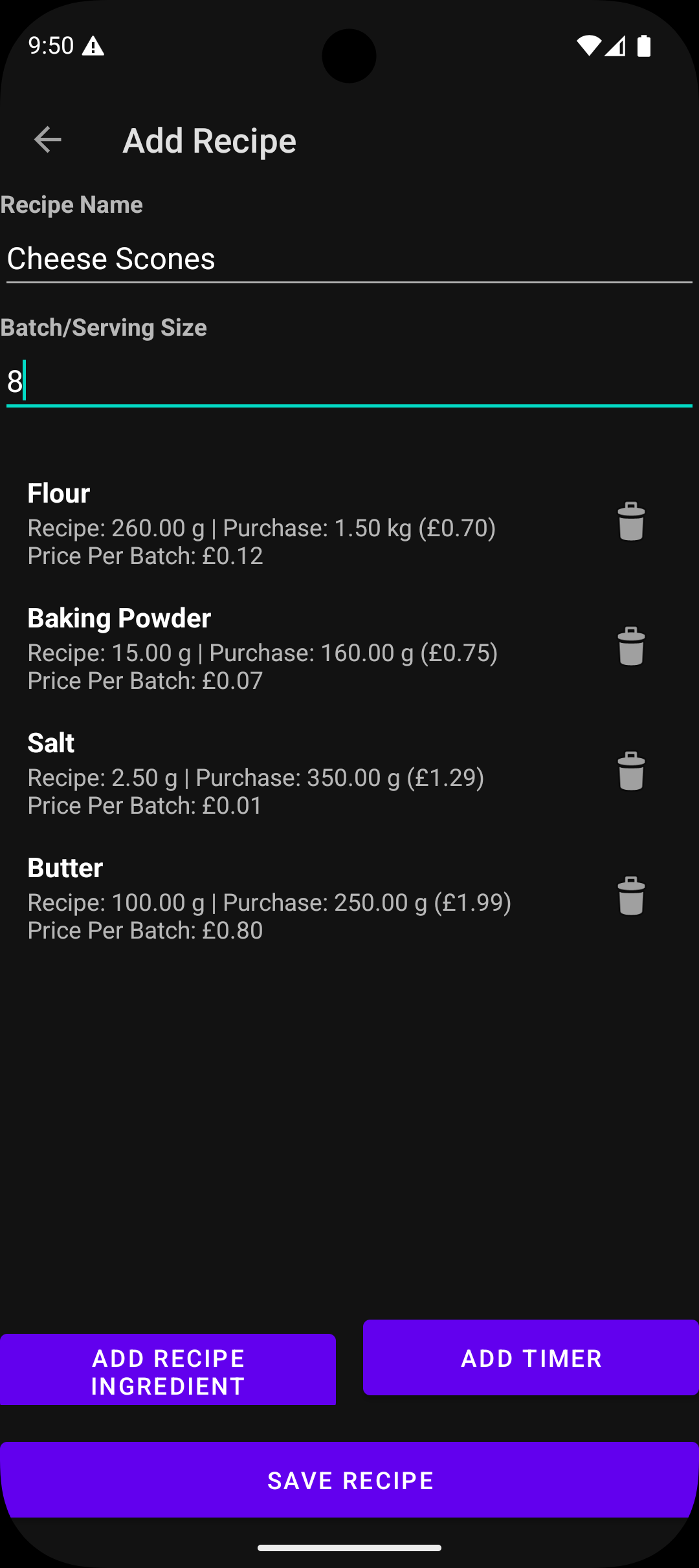 Baker's Calculator add recipe screen with ingredients and cost breakdown