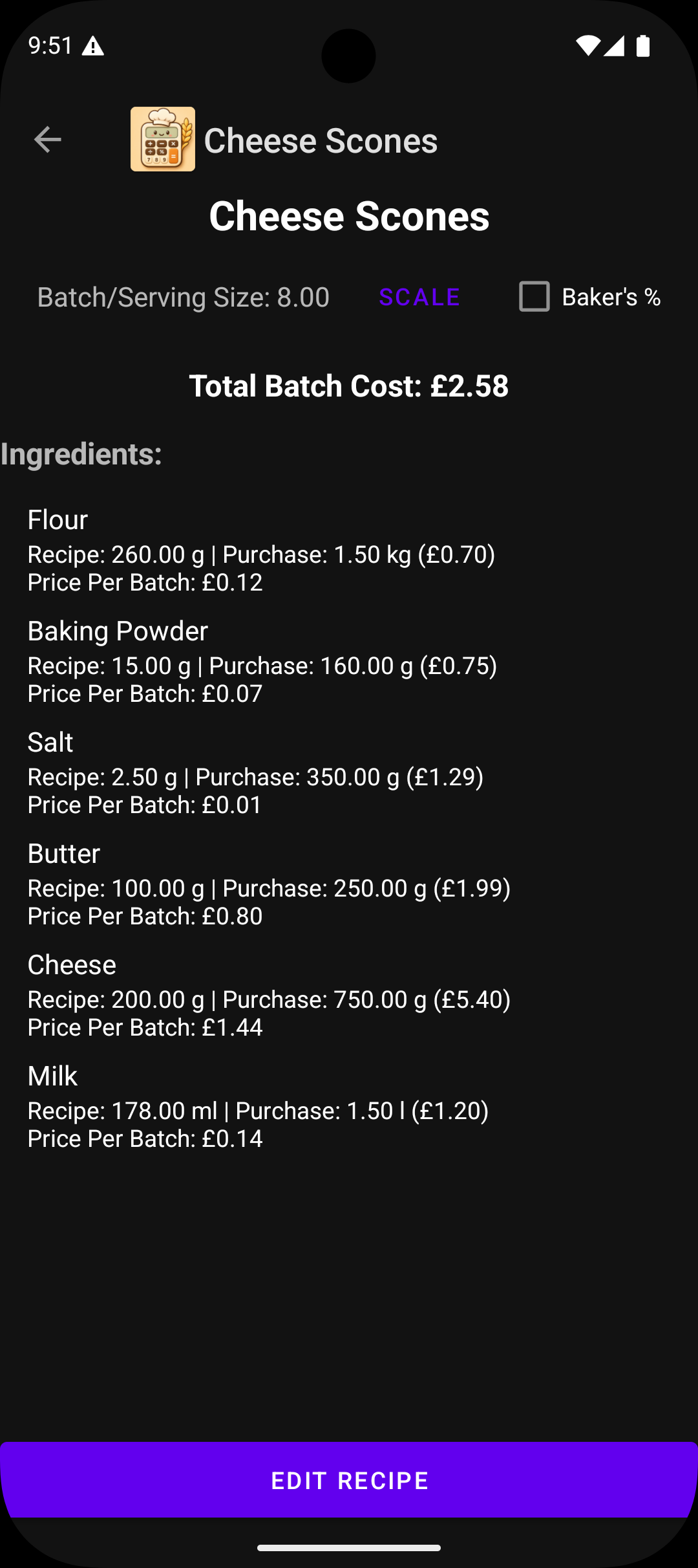 Baker's Calculator recipe view showing total batch cost for Cheese Scones