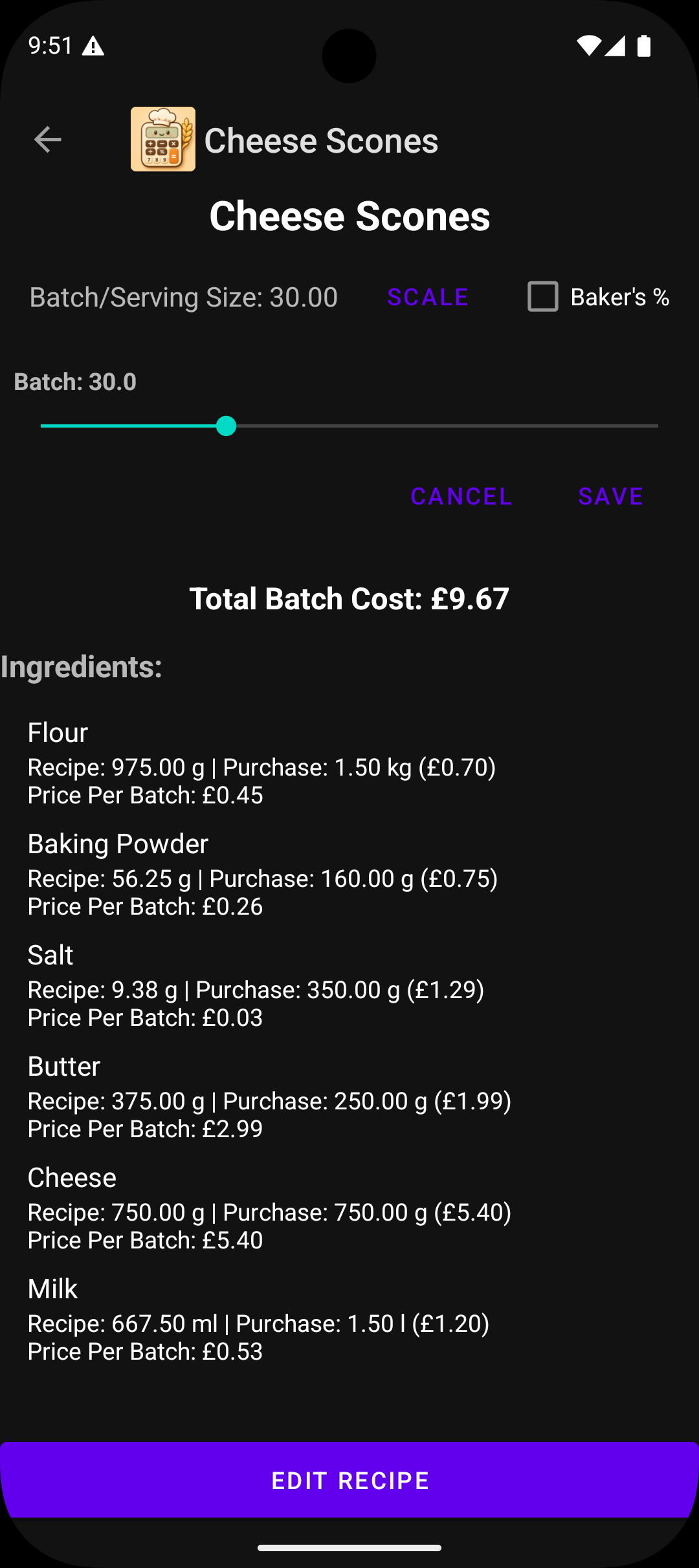 Baker's Calculator recipe scaling slider showing scaled batch cost