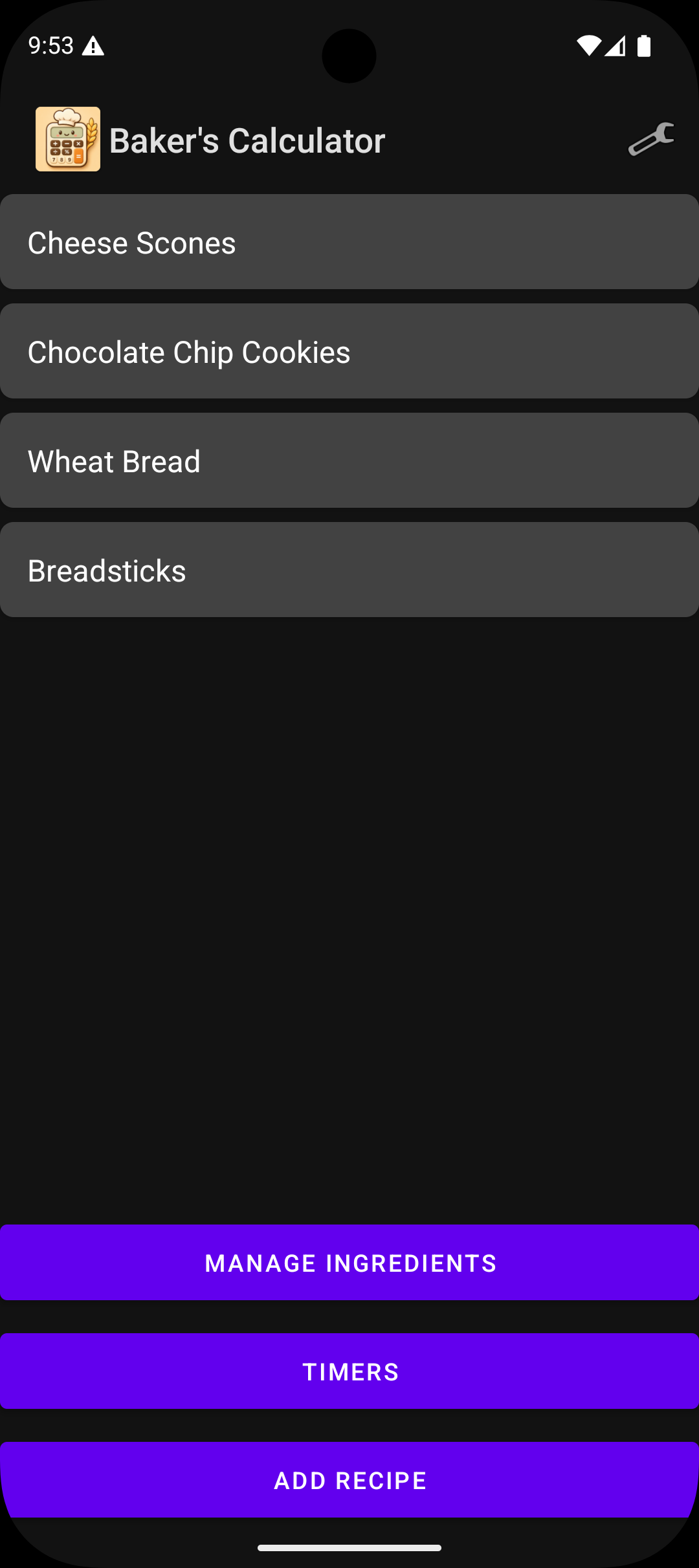 Baker's Calculator home screen showing saved recipes list