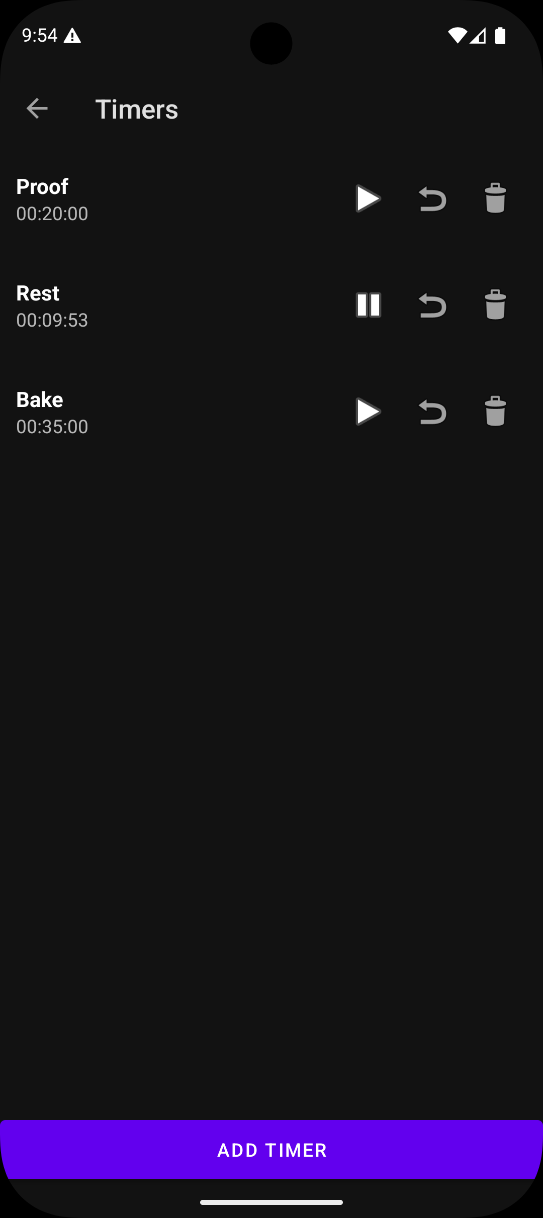 Baker's Calculator timers screen with Proof, Rest and Bake timers